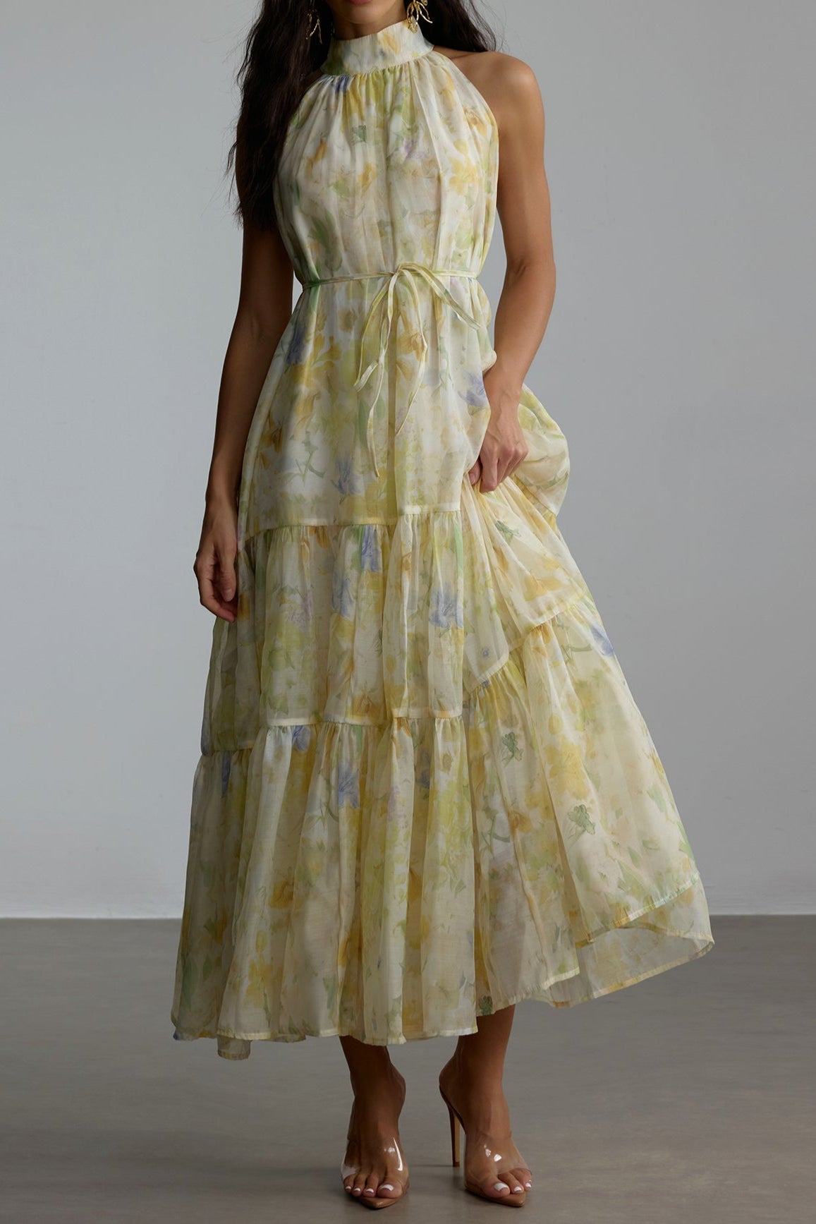 Caroline Floral Print Sleeveless Maxi Dress in Yellow Avalabel