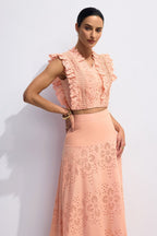 Bonnie V-Neck Embroidery Crop Top & Skirt Set in Orange Avalabel