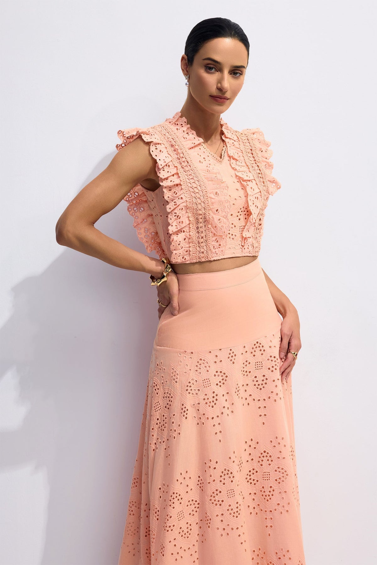 Bonnie V-Neck Embroidery Crop Top & Skirt Set in Orange Avalabel