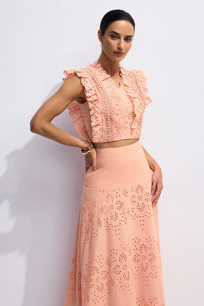 Bonnie V-Neck Embroidery Crop Top & Skirt Set in Orange