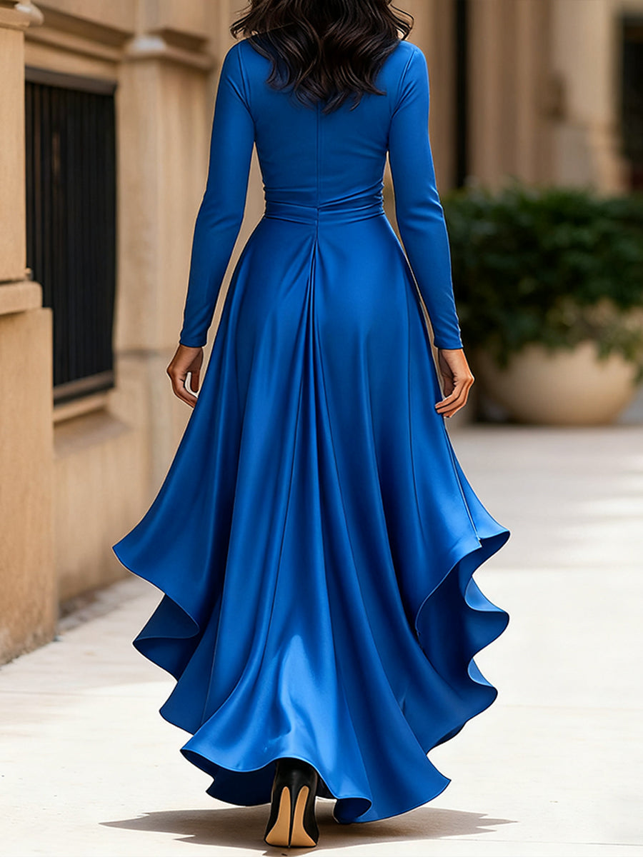 Midnight Blue Draped Satin Maxi Dress With Ruffle Details Avalabel