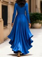 Midnight Blue Draped Satin Maxi Dress With Ruffle Details Avalabel