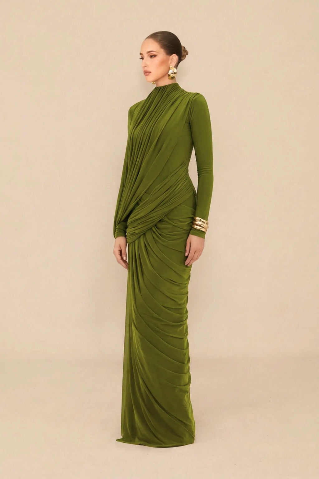 liz High Neck Asymmetric Drape ruched Maxi Dress in green Avalabel
