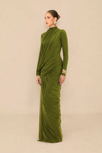 liz High Neck Asymmetric Drape ruched Maxi Dress in green Avalabel