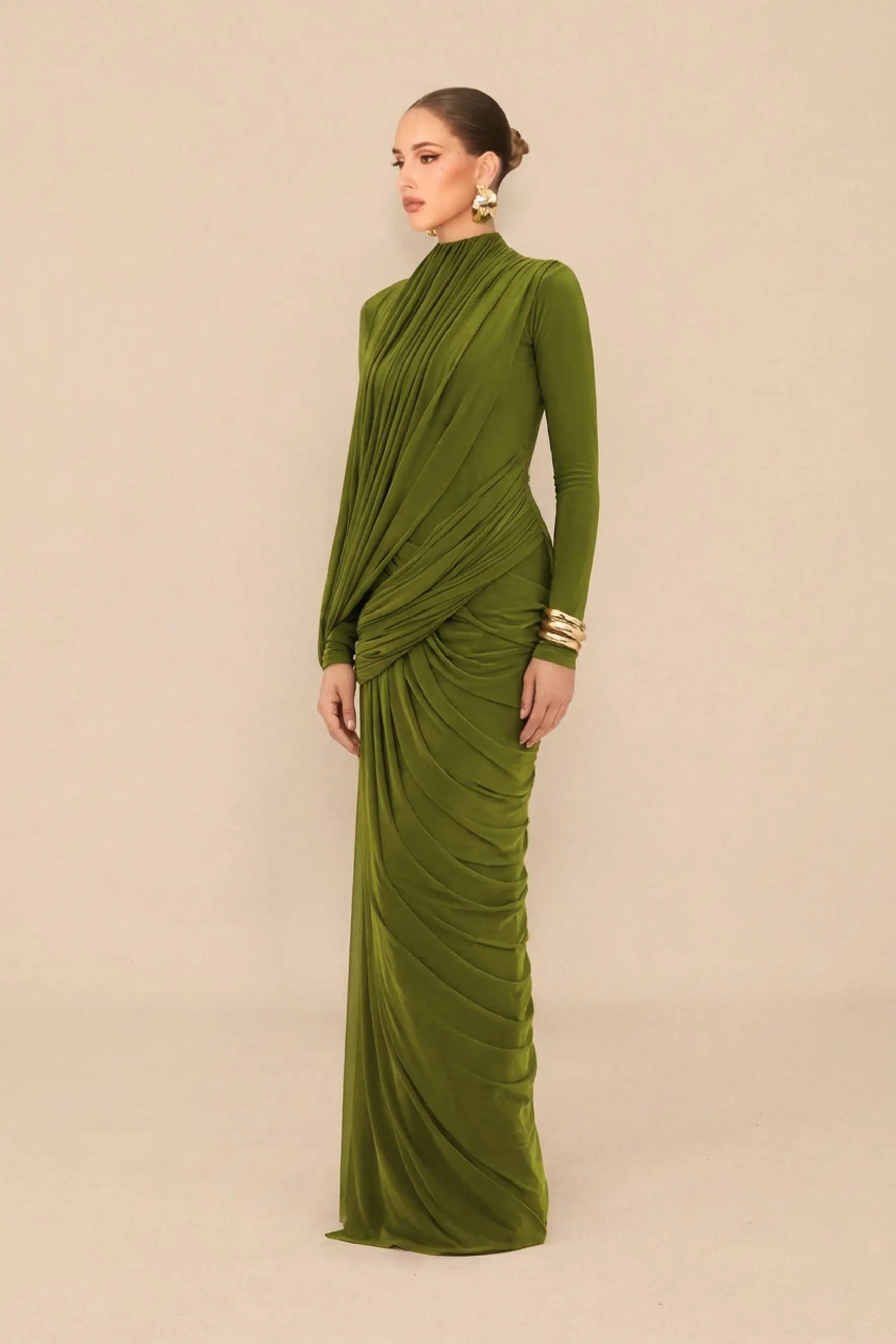 liz High Neck Asymmetric Drape ruched Maxi Dress in green Avalabel