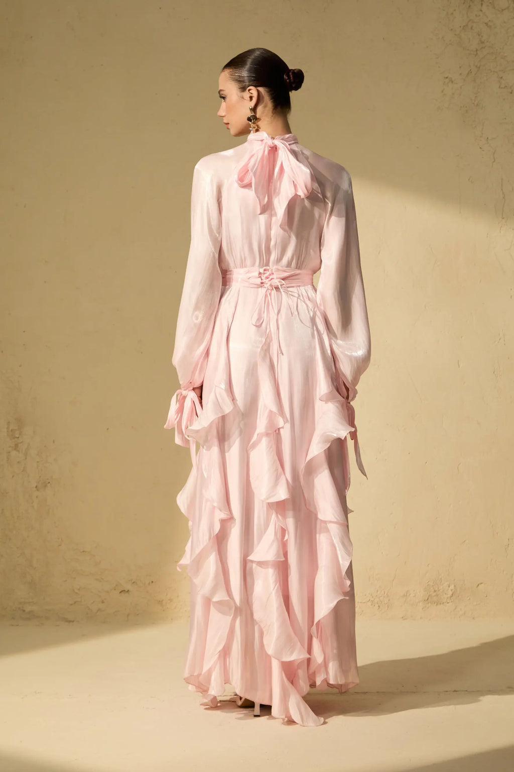 Pandora Puff Sleeve Ruffle Trim Maxi Dress in Pink Avalabel