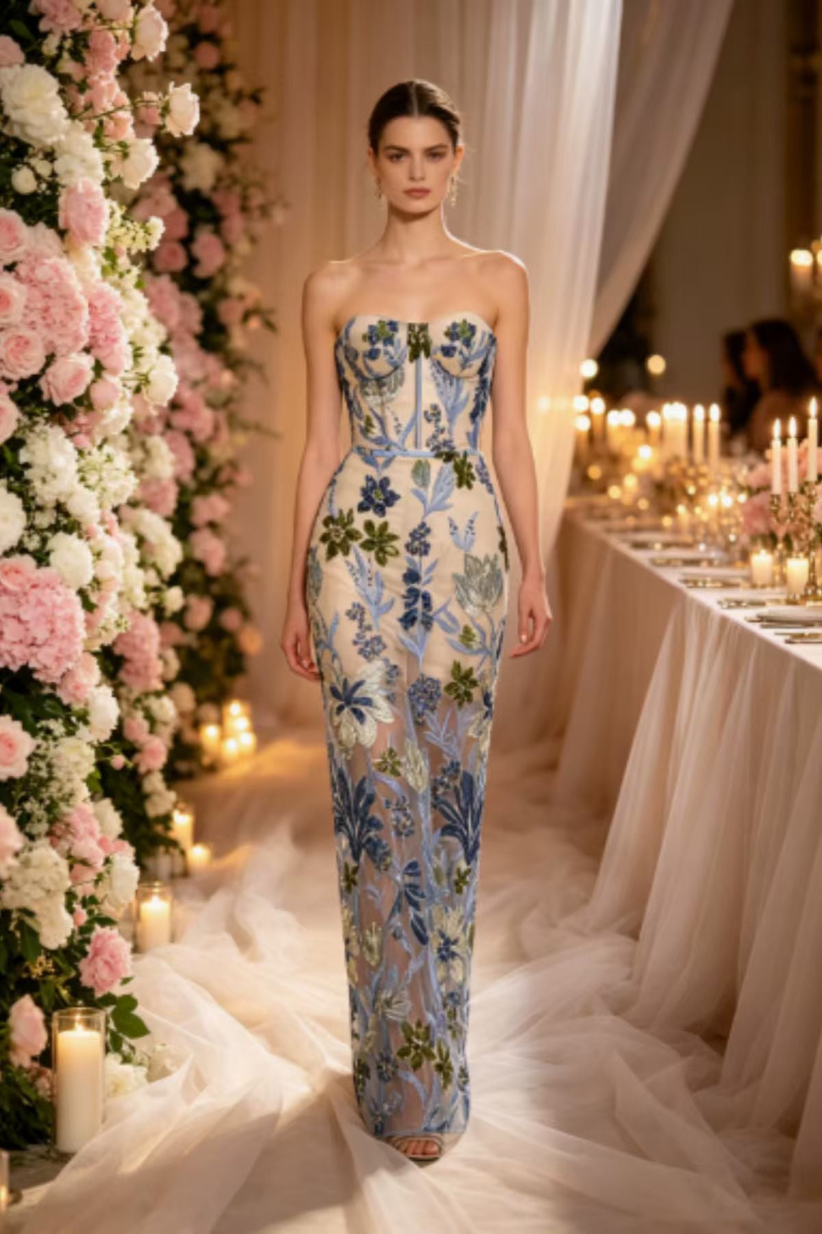 Allyson Strapless Floral Embroidered Tulle Maxi Dress Avalabel