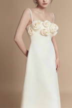 Clara 3D Floral Applique Spaghetti Strap White Midi Dress Avalabel