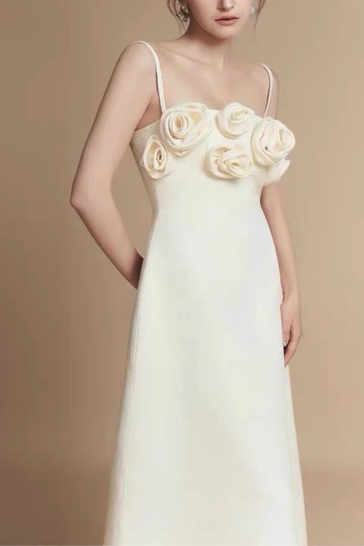 Clara 3D Floral Applique Spaghetti Strap White Midi Dress Avalabel