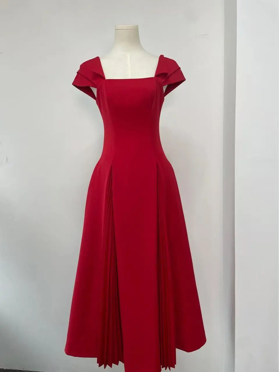Gervaise Red Pleated-Detail Flared Midi Dress Avalabel