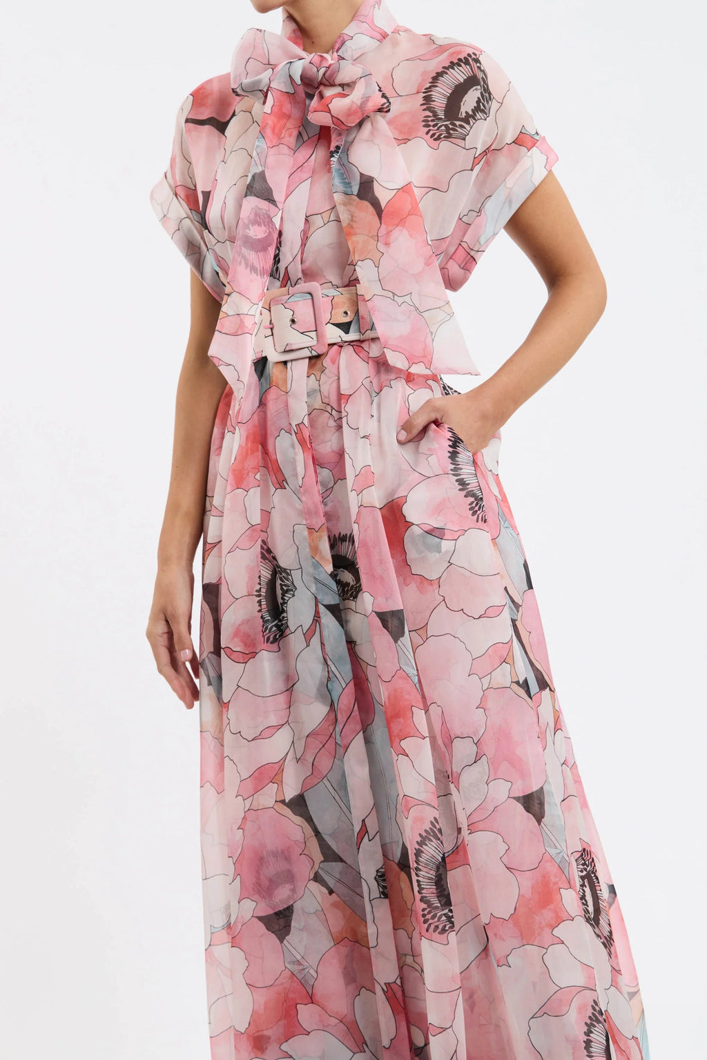 Floral Print Silk Organza Maxi Dress in Pink-Multi Avalabel