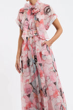 Floral Print Silk Organza Maxi Dress in Pink-Multi Avalabel