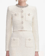 alisa Diamond-embellished tweed cardigan skirt set in white Avalabel