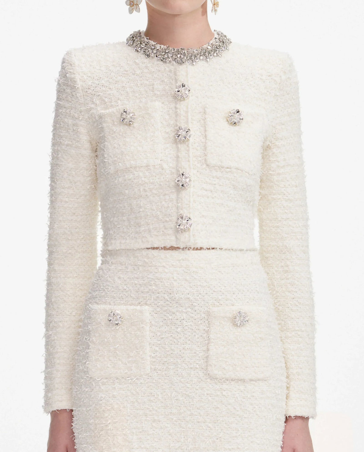 alisa Diamond-embellished tweed cardigan skirt set in white Avalabel