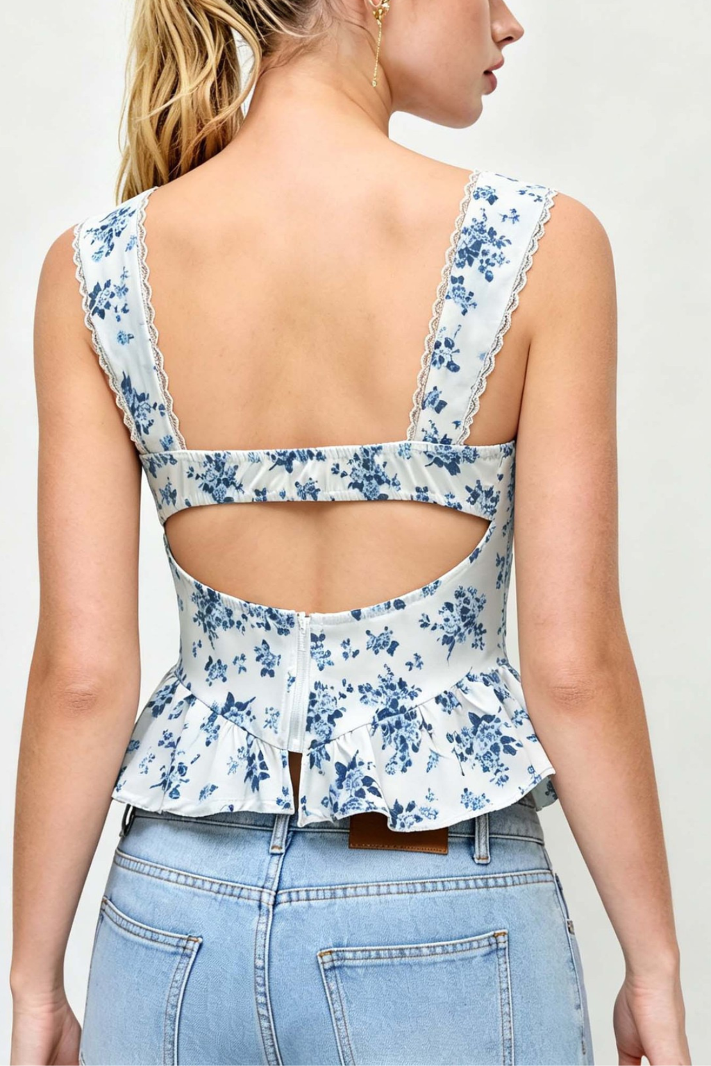 Lyla Blue Floral Lace Strap Twist Bust Peplum Corset Cami Top Avalabel