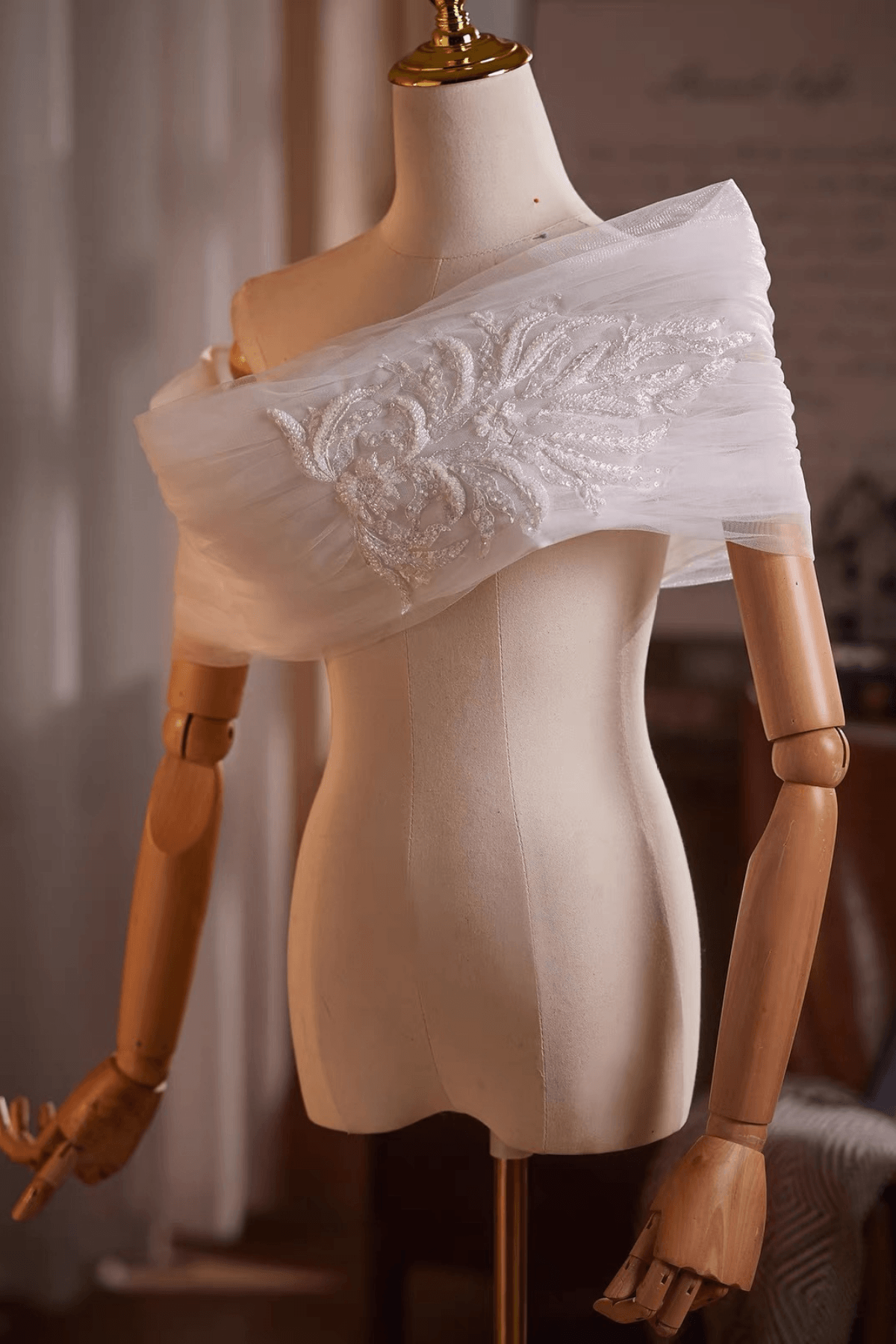 White Sheer Tulle Off‑Shoulder Beaded Embroidery Shawl Avalabel