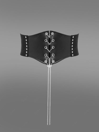 Gothic Chain Braided Lace Up PU Panel Star Rivet Corset Belt Avalabel
