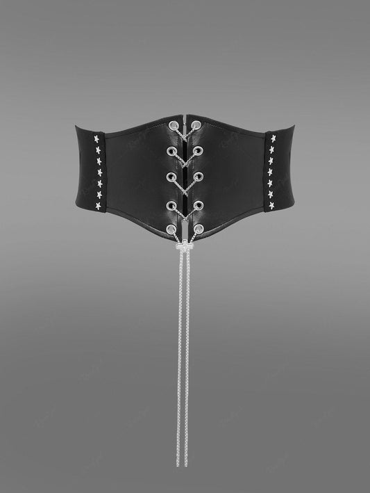 Gothic Chain Braided Lace Up PU Panel Star Rivet Corset Belt