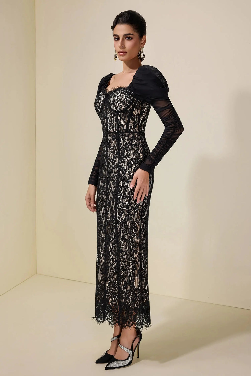 wendy Lace Splicing Mesh Puff Sleeve Midi Dress in black Avalabel
