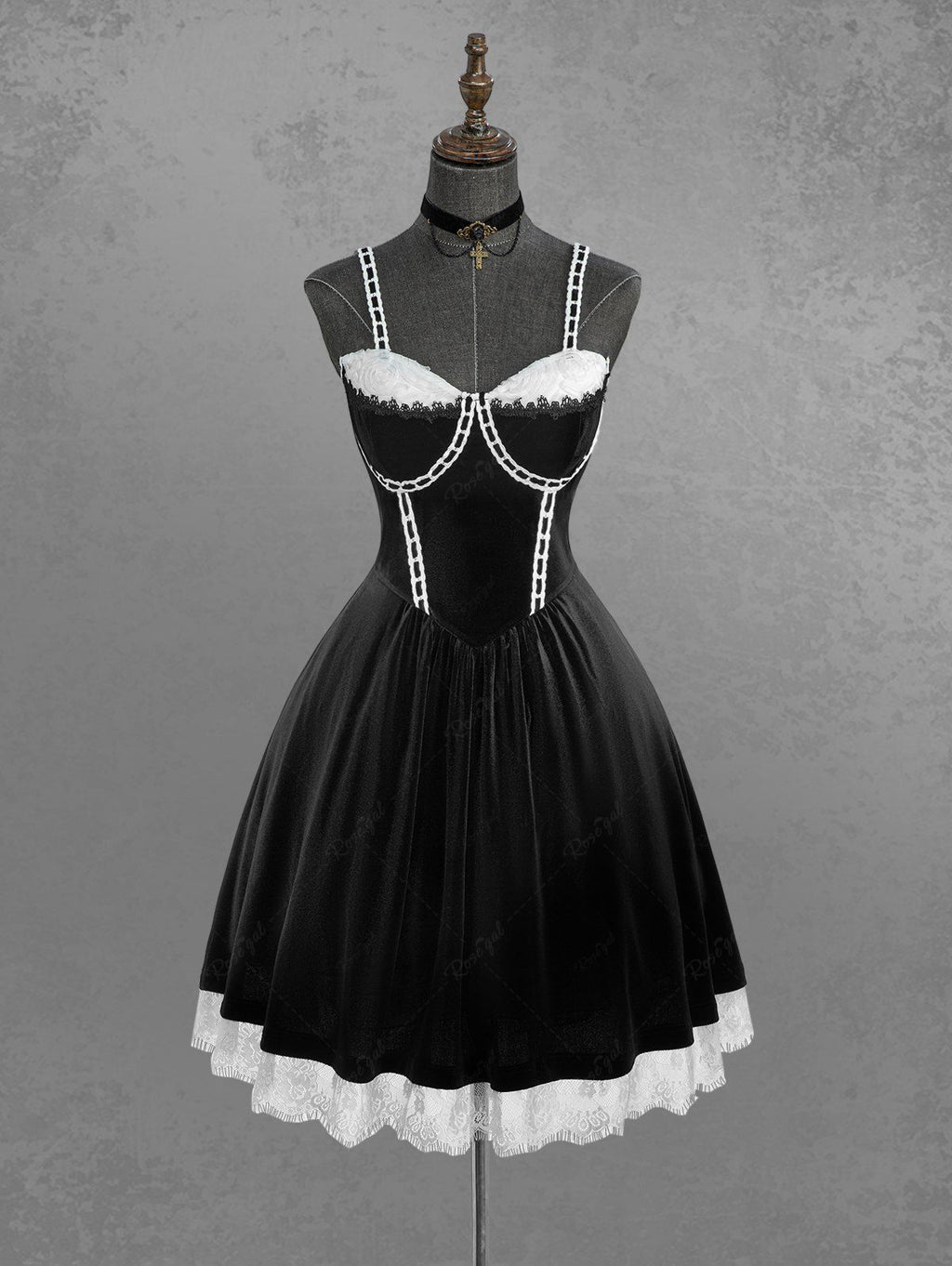 Gothic Plus Size Rose Flower Mesh Jacquard Lace Trim Contrast Piping Velvet A Line Dress Avalabel