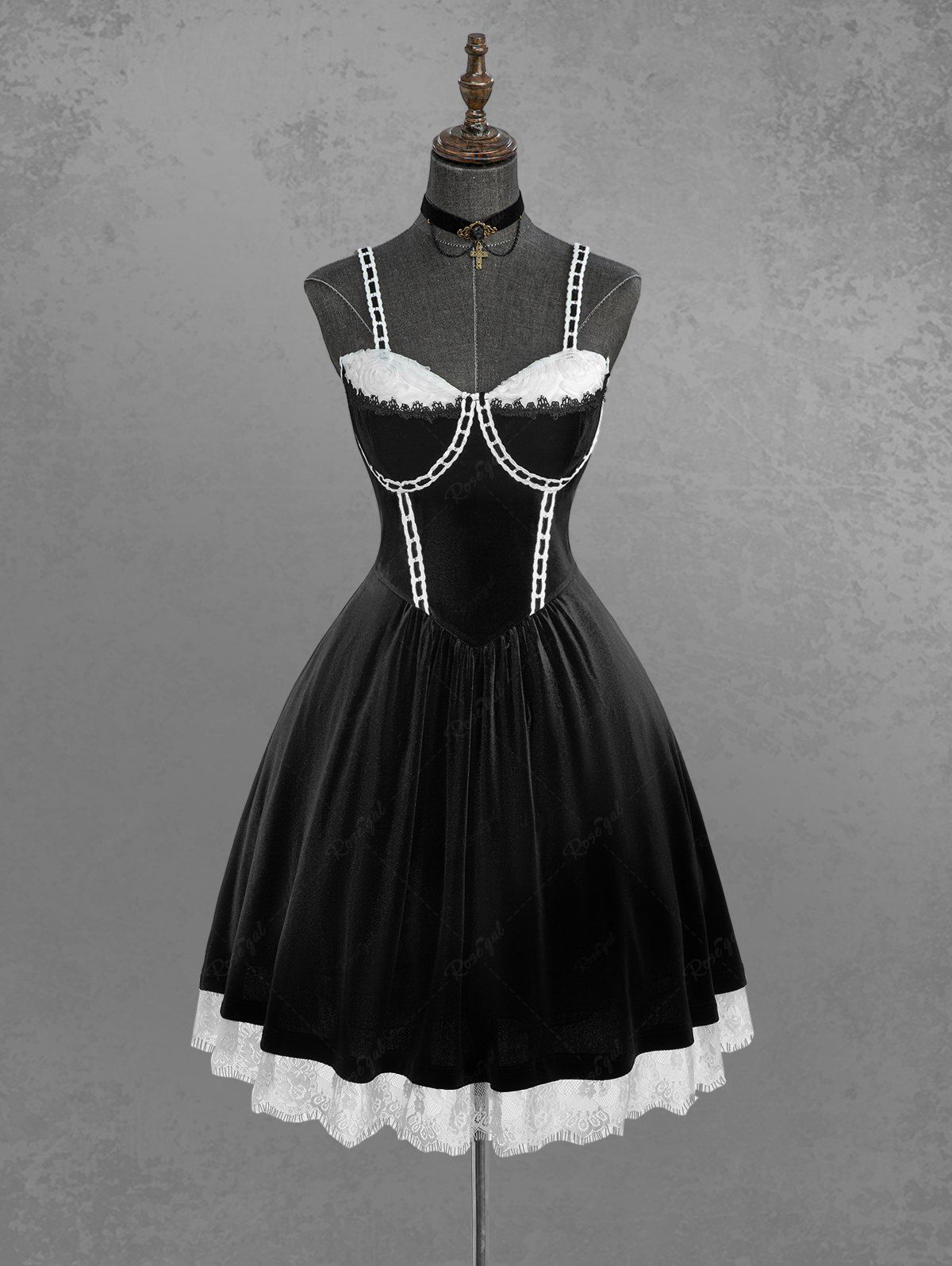 Gothic Plus Size Rose Flower Mesh Jacquard Lace Trim Contrast Piping Velvet A Line Dress
