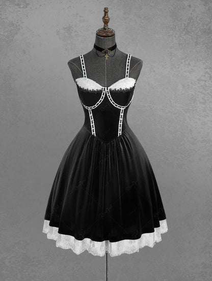 Gothic Plus Size Rose Flower Mesh Jacquard Lace Trim Contrast Piping Velvet A Line Dress