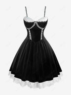 Gothic Plus Size Rose Flower Mesh Jacquard Lace Trim Contrast Piping Velvet A Line Dress Avalabel