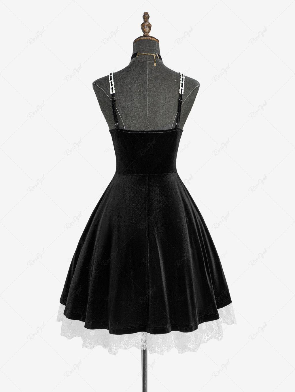 Gothic Plus Size Rose Flower Mesh Jacquard Lace Trim Contrast Piping Velvet A Line Dress Avalabel