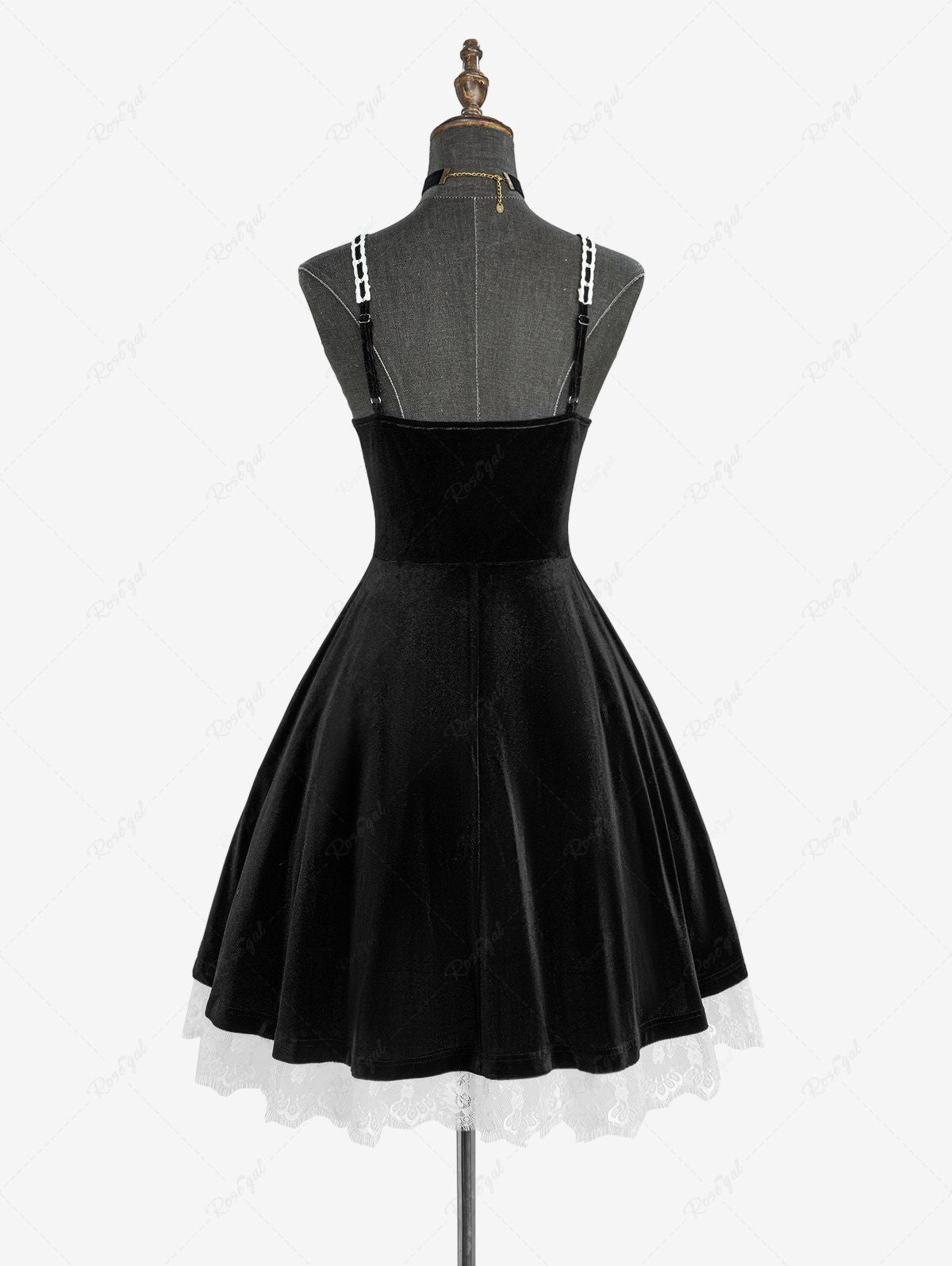 Gothic Plus Size Rose Flower Mesh Jacquard Lace Trim Contrast Piping Velvet A Line Dress Avalabel