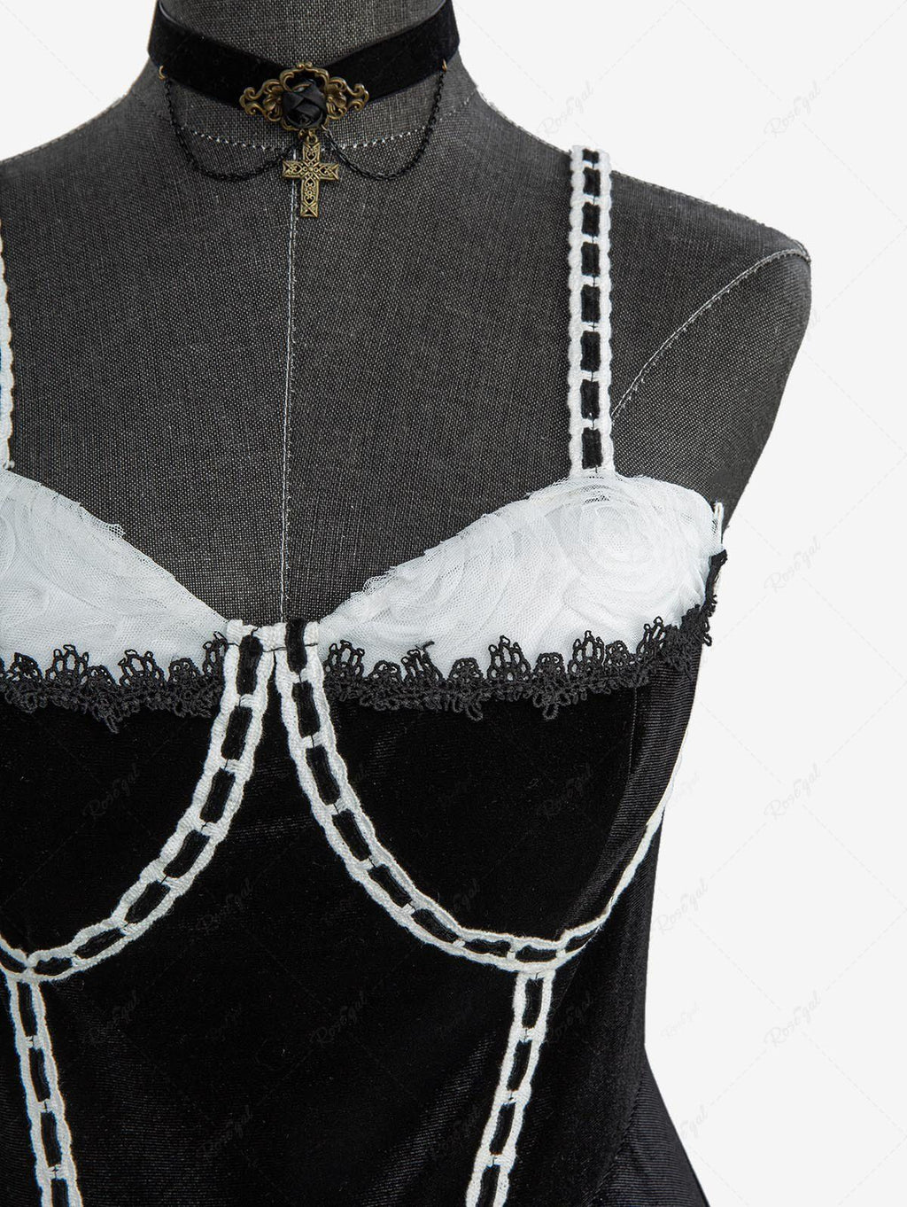 Gothic Plus Size Rose Flower Mesh Jacquard Lace Trim Contrast Piping Velvet A Line Dress Avalabel
