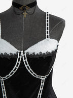 Gothic Plus Size Rose Flower Mesh Jacquard Lace Trim Contrast Piping Velvet A Line Dress Avalabel