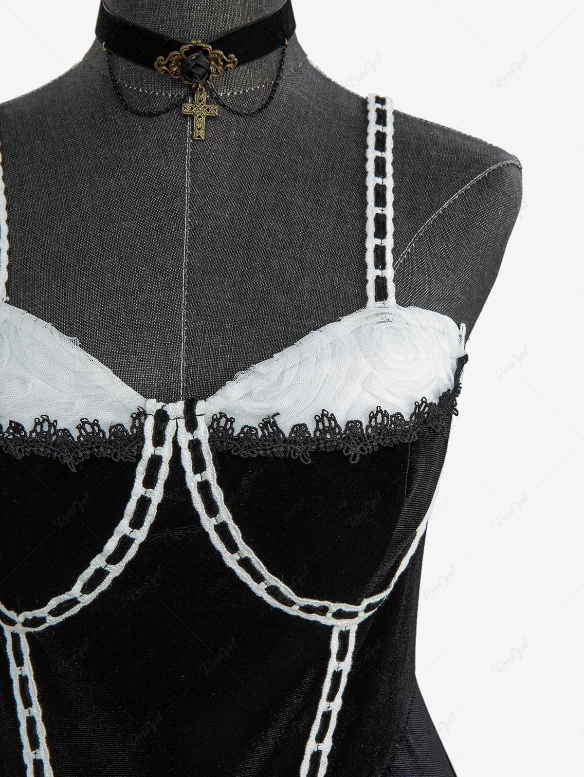 Gothic Plus Size Rose Flower Mesh Jacquard Lace Trim Contrast Piping Velvet A Line Dress Avalabel