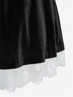 Gothic Plus Size Rose Flower Mesh Jacquard Lace Trim Contrast Piping Velvet A Line Dress Avalabel