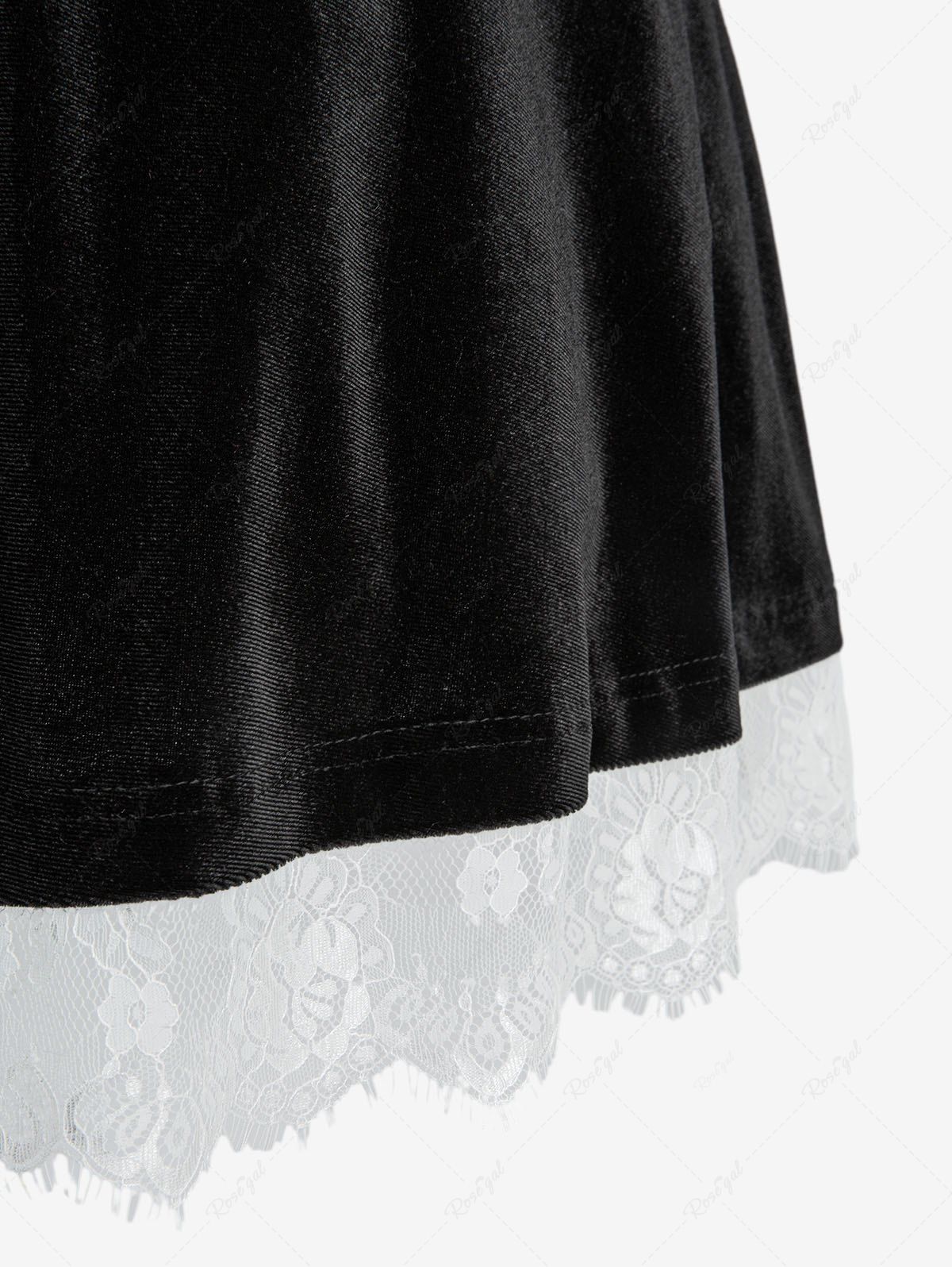 Gothic Plus Size Rose Flower Mesh Jacquard Lace Trim Contrast Piping Velvet A Line Dress Avalabel