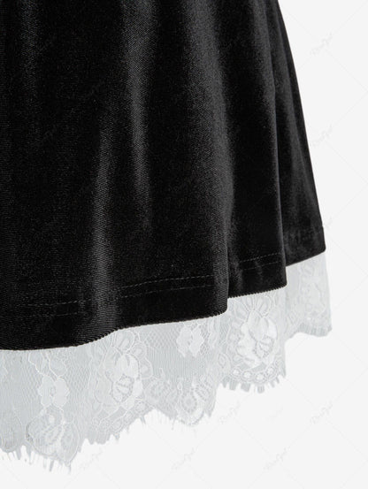 Gothic Plus Size Rose Flower Mesh Jacquard Lace Trim Contrast Piping Velvet A Line Dress