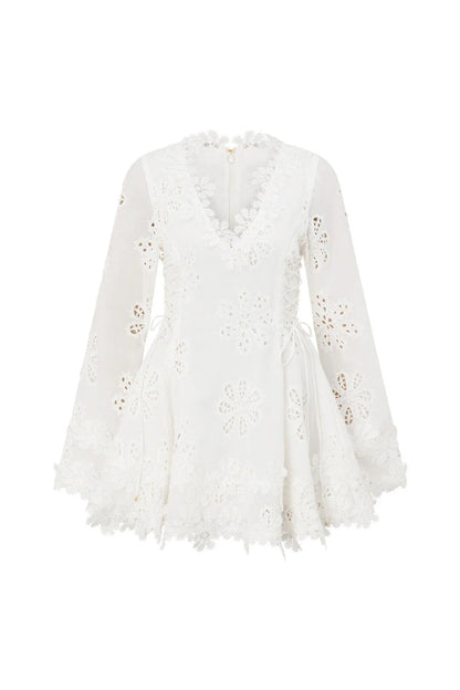 Flower Embroidery Hollow Mini Dress in White