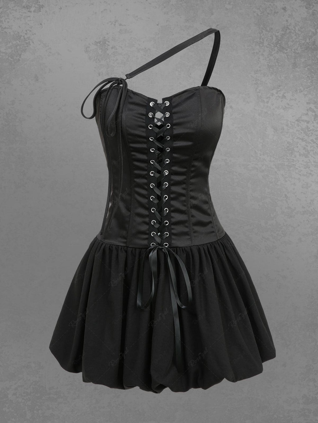 Gothic Lace Up Asymmetric Shoulder Strap Bandeau Tulip Mini Dress Avalabel