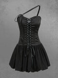 Gothic Lace Up Asymmetric Shoulder Strap Bandeau Tulip Mini Dress Avalabel