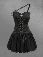 Gothic Lace Up Asymmetric Shoulder Strap Bandeau Tulip Mini Dress Avalabel