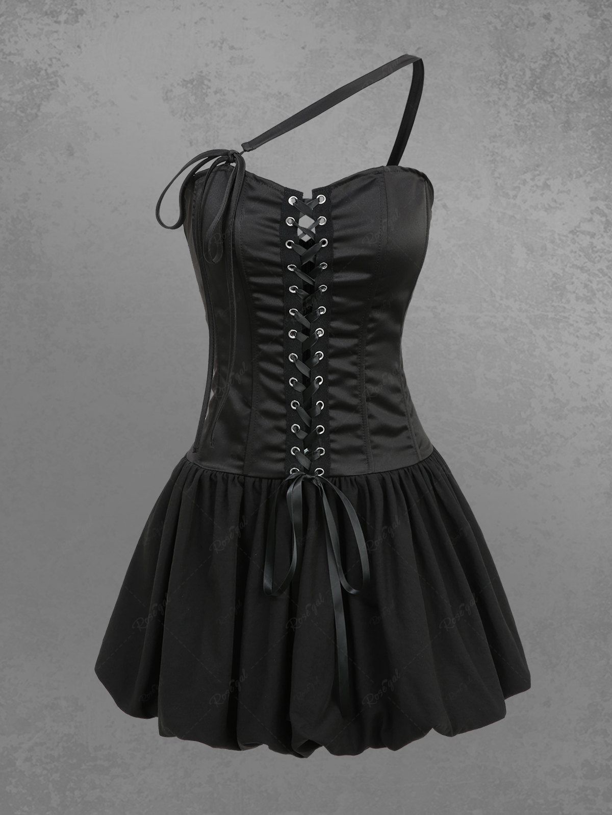Gothic Lace Up Asymmetric Shoulder Strap Bandeau Tulip Mini Dress Avalabel