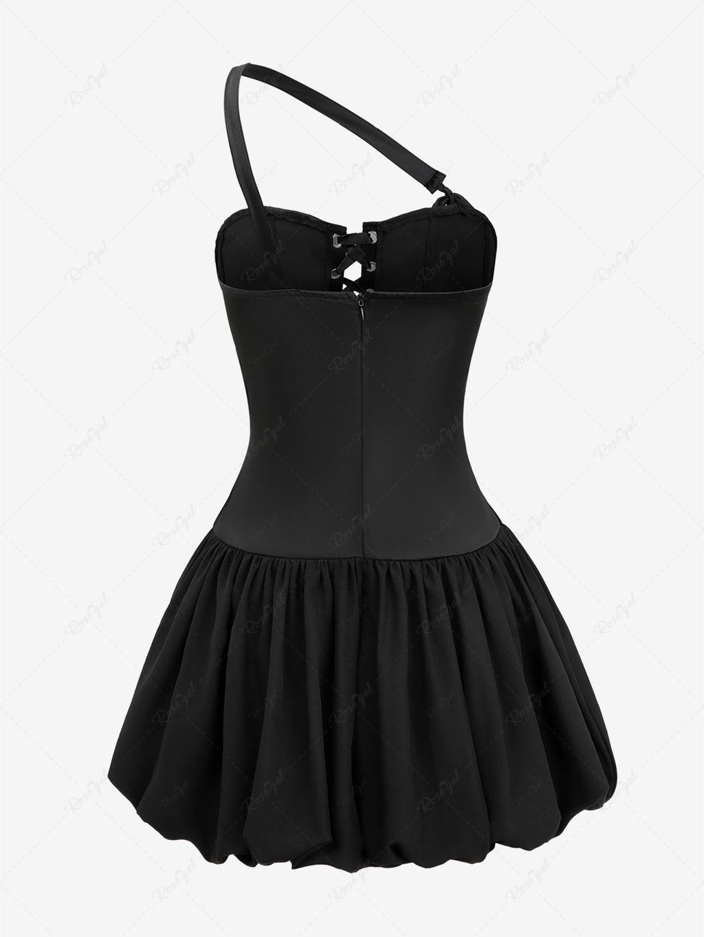 Gothic Lace Up Asymmetric Shoulder Strap Bandeau Tulip Mini Dress Avalabel