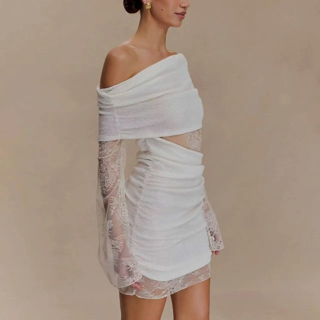 White lace strapless spliced knitted mini dress Avalabel