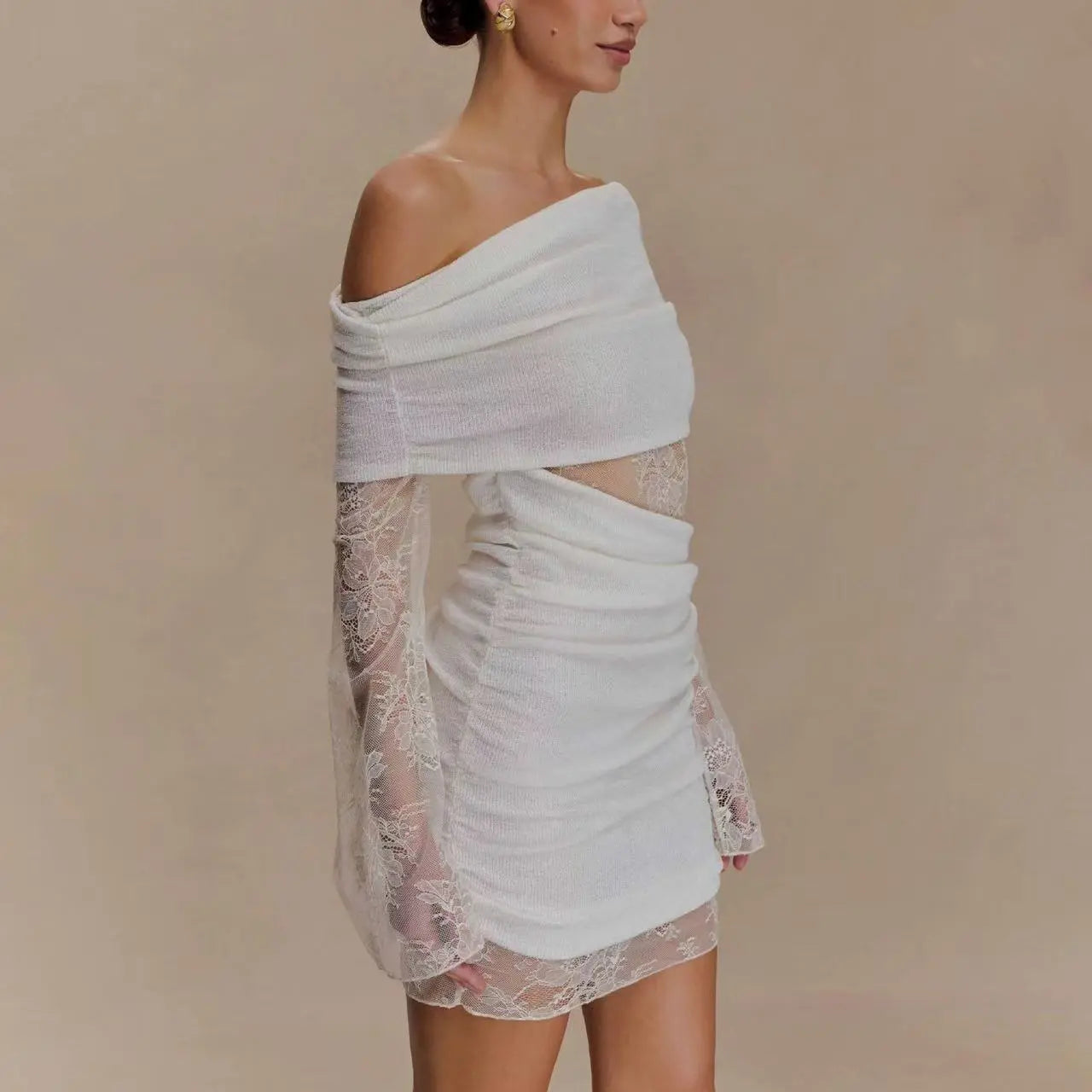 White lace strapless spliced knitted mini dress Avalabel
