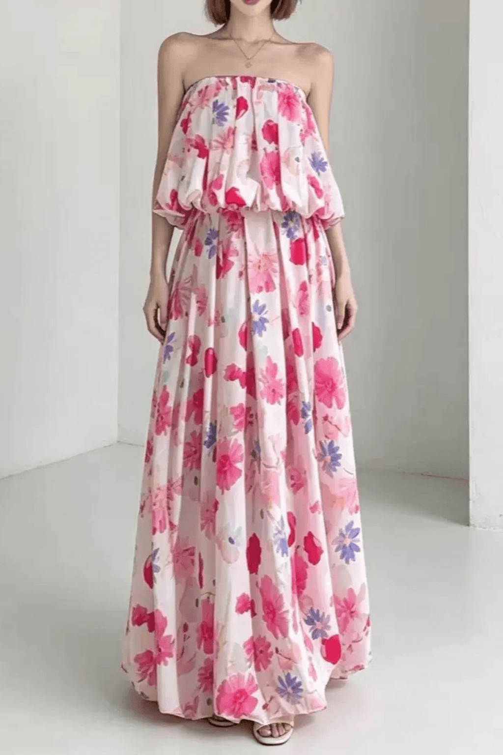Megan Strapless Floral Print Ruffle Maxi Dress Avalabel