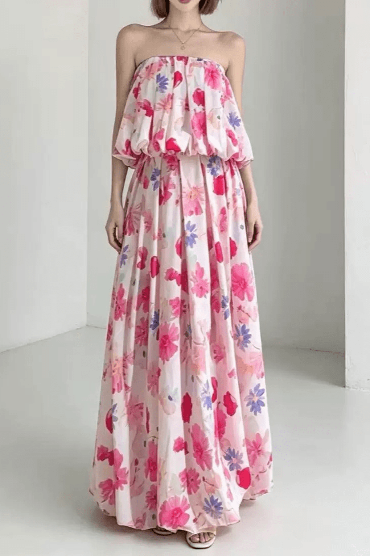 Megan Strapless Floral Print Ruffle Maxi Dress Avalabel