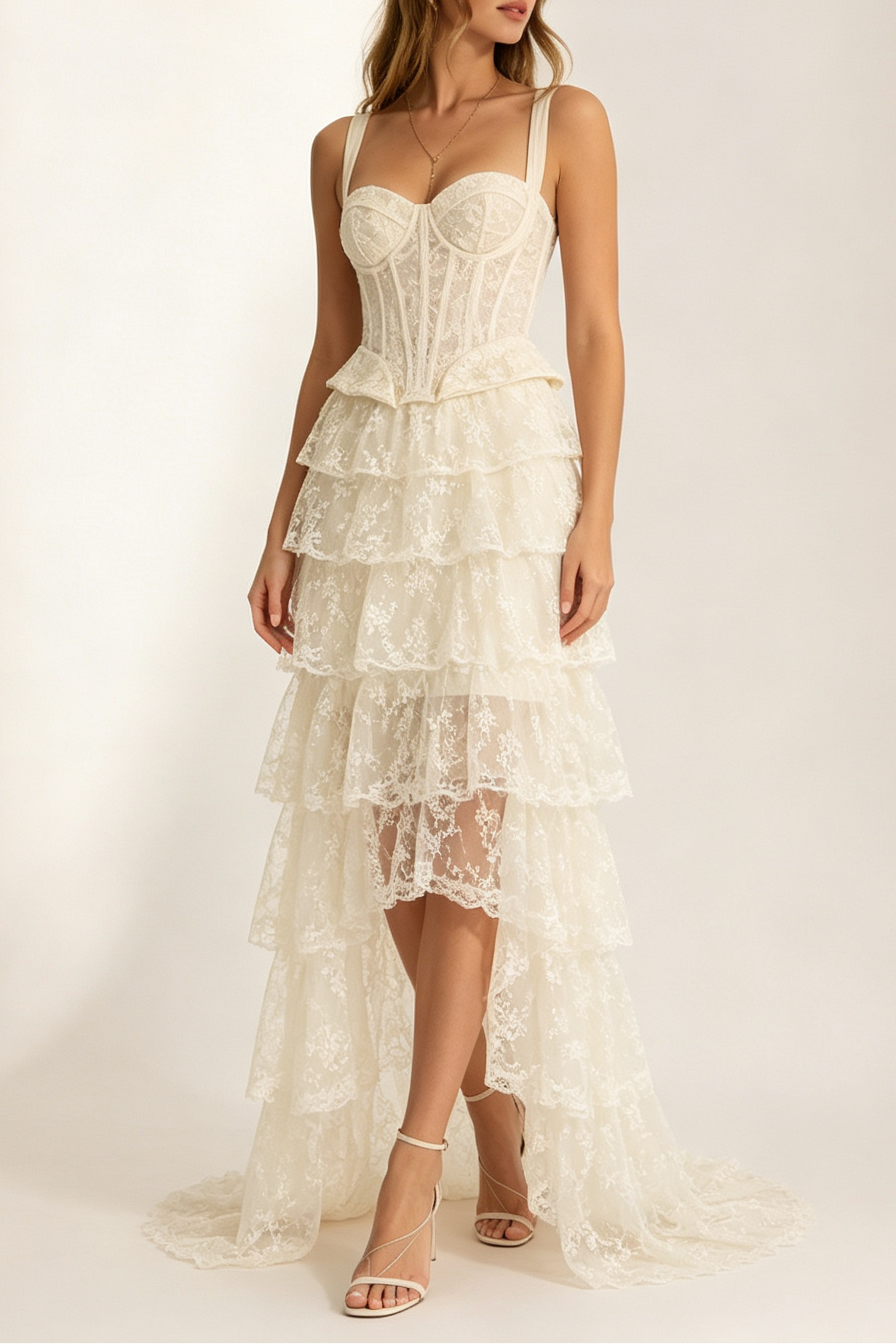 Ivory Wide Strap Lace Corset Peplum Top & Tiered High Low Lace Skirt Set Avalabel