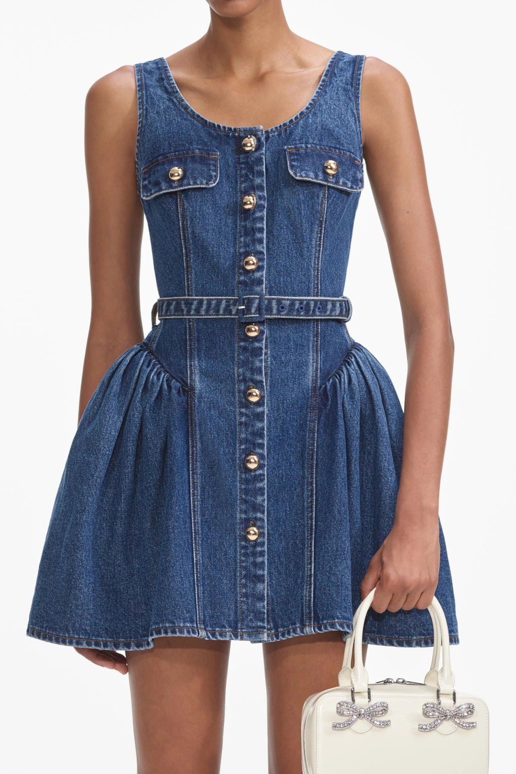 Flared Denim Mini Dress in blue Avalabel