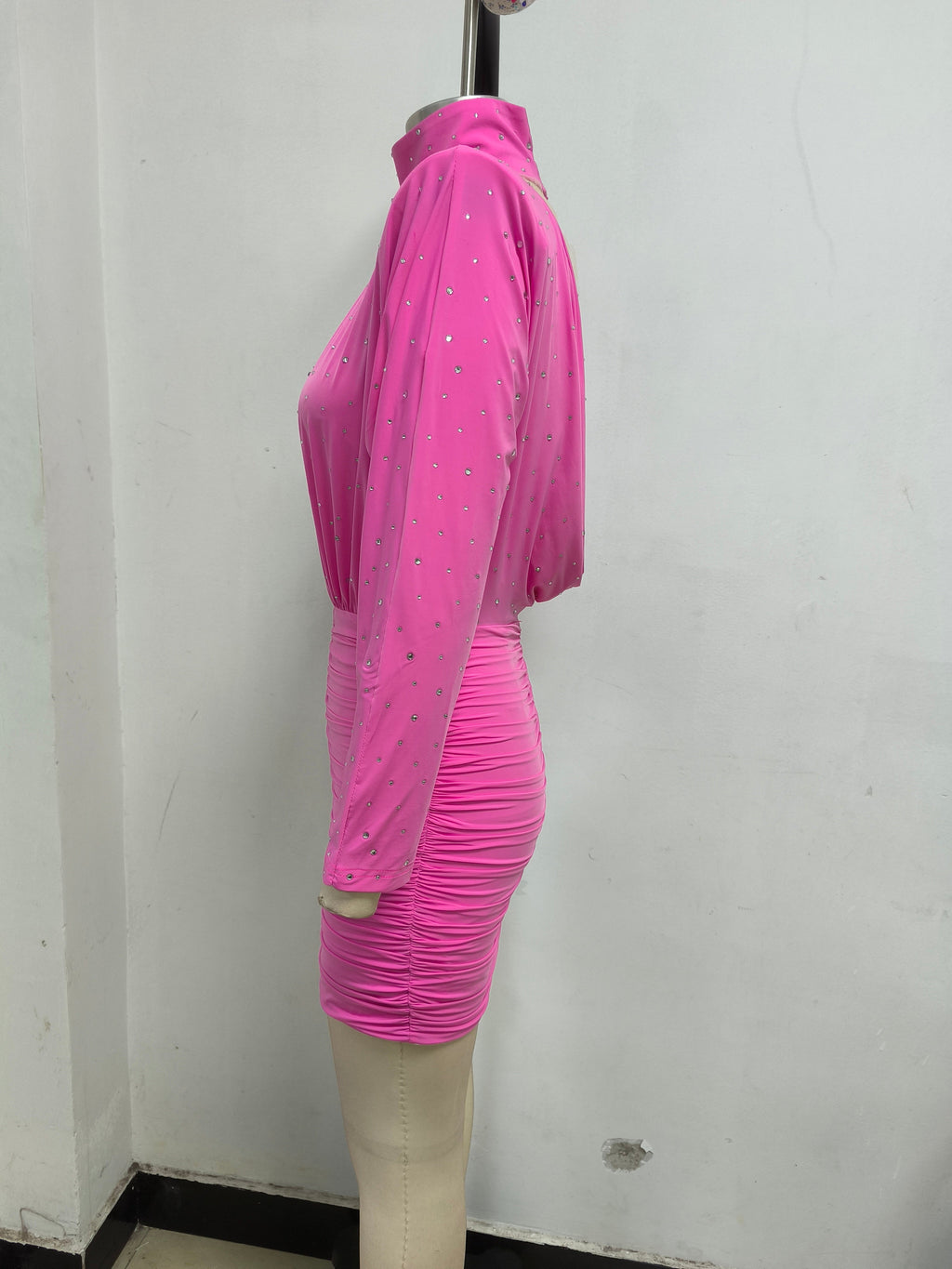 Crystal Embellished Ruched Bodycon Mini Dress in Pink Avalabel