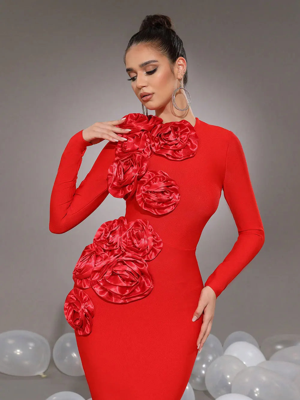 sally 3D Flower Decorative Bandage maxi Dress in red Avalabel