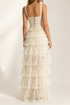 Ivory Wide Strap Lace Corset Peplum Top & Tiered High Low Lace Skirt Set Avalabel